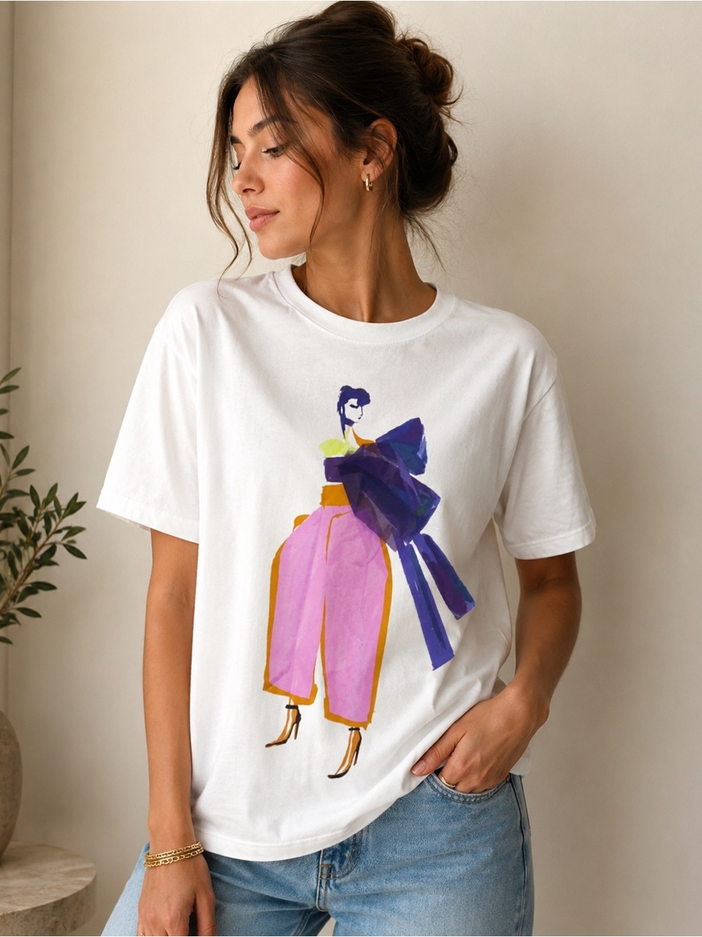 Zara White T-Shirt with Fashion Girl Print